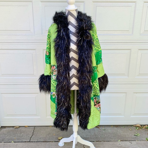 Lux Muse green black fur patchwork festival coat jacket satin lined - Picture 1 of 6